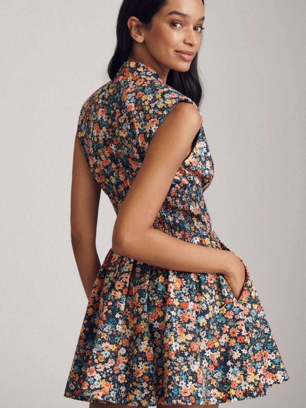 Anthropologie Black Floral Zip-Front Mini Dress